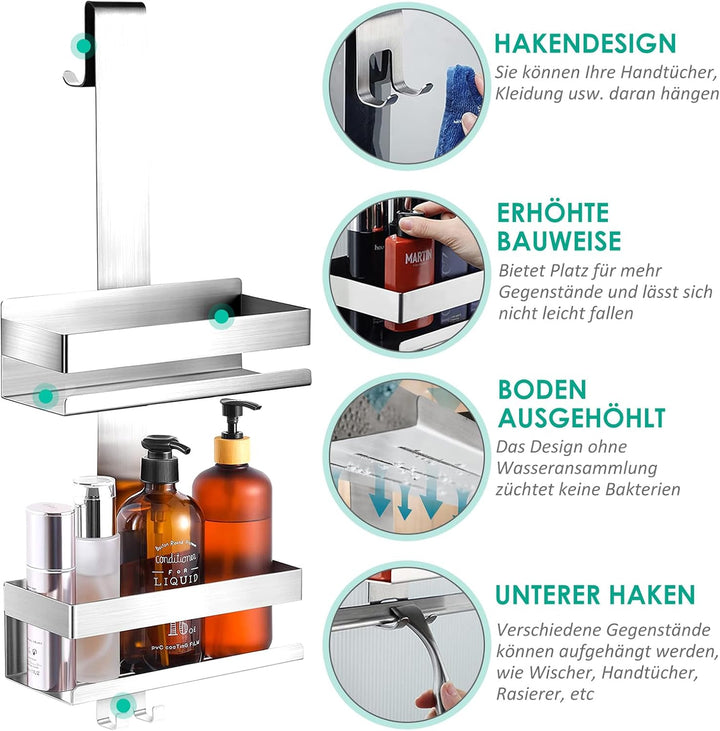 Duschregal Ohne Bohren – Kein Bohren erforderlich – Wandmontierte Duschablage mit Haken, Edelstahl,