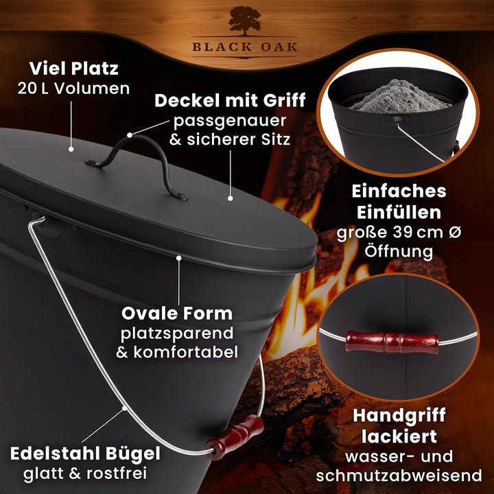 BLACK OAK Ascheeimer Vesuvio 20L mit Lederhandschuh – schwarz oval mit Deckel - gross 20 Liter - Sta
