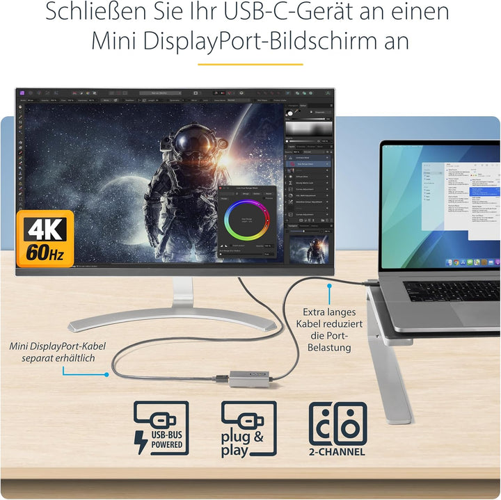 StarTech.com USB C auf Mini DisplayPort Adapter, 4K 60Hz USB Typ-C auf Mini DP Monitor Video Konvert