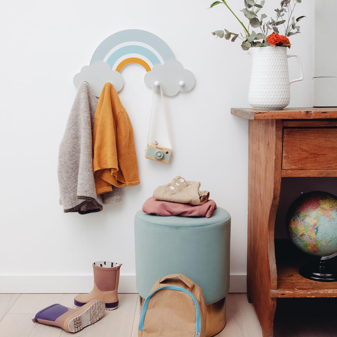 Kindsgut Regenbogen-Garderobe für Babys und Klein-Kinder aus Holz, hochwertige Garderobe mit 4 Haken