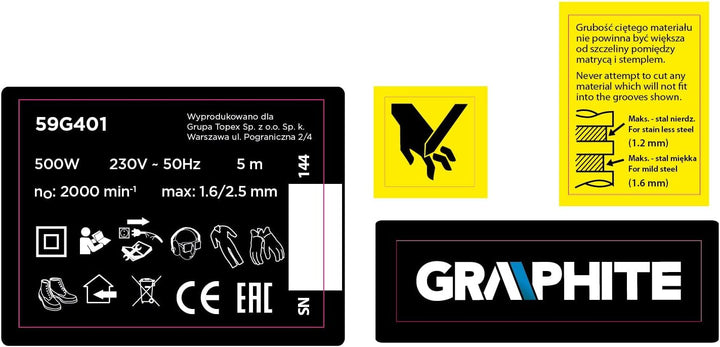 Nożyce do cięcia blachy Graphite 59G401 500W do przecinania blachy prostej falistej i trapezowej 59G