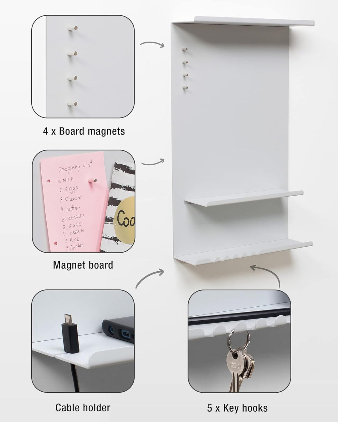 byde Wandorganizer Hele aus Stahlstruktur. 30 x 9 x 49 cm 3-in-1 Wandregal mit Magnettafel und Magne
