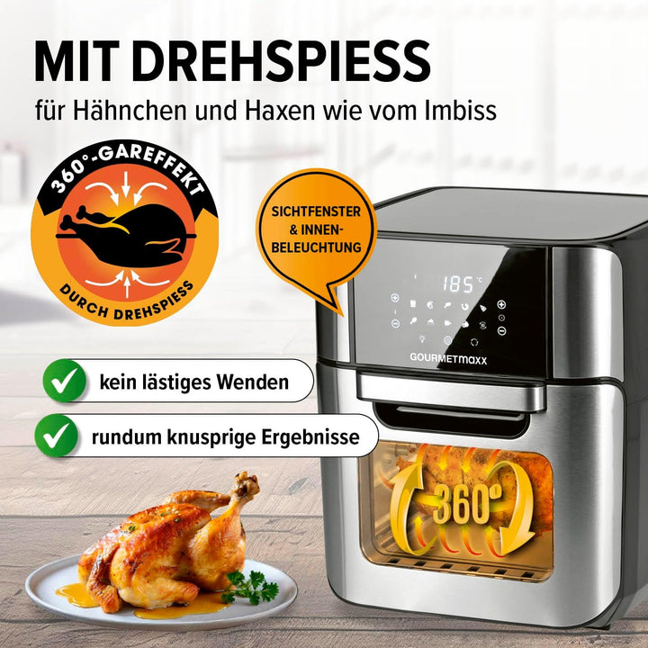 GOURMETmaxx Digitale Heissluftfritteuse 12 L, XXL-Edelstahl-Ofen | Airfryer + Timer, Touchdisplay, D