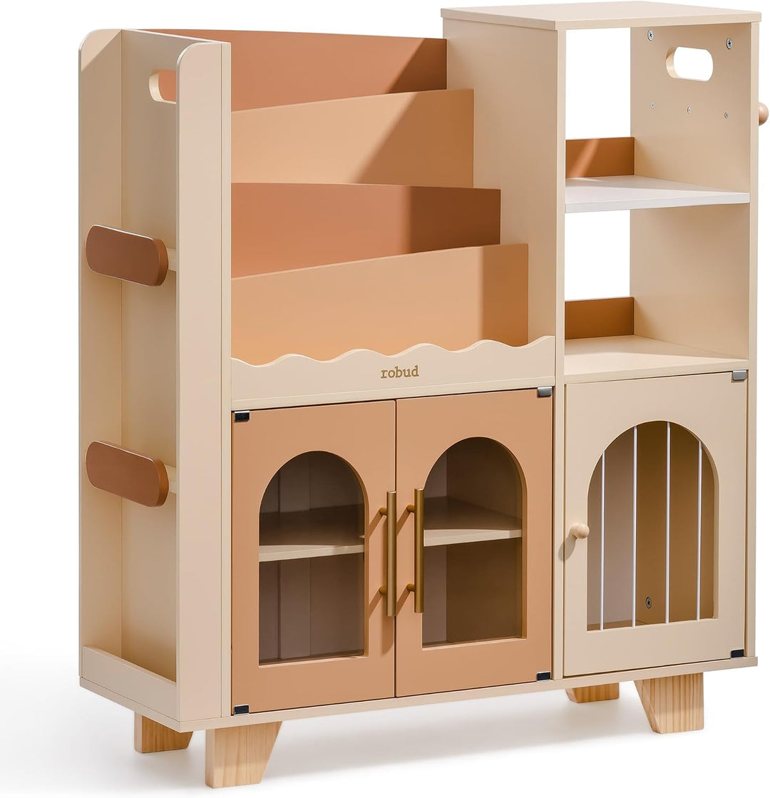 ROBUD Kinder bücherregal Karamellfarbe, Holz Standregal,mehrstufig, mit Spielzeugaufbewahrungszone,