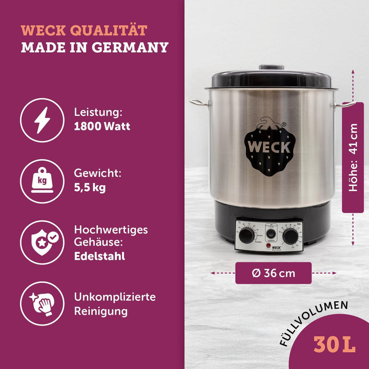WECK Einkochautomat WAT25 Edelstahl mit Präzisionsthermostat & Zeitschaltuhr – 30L Einkochtopf, Glüh
