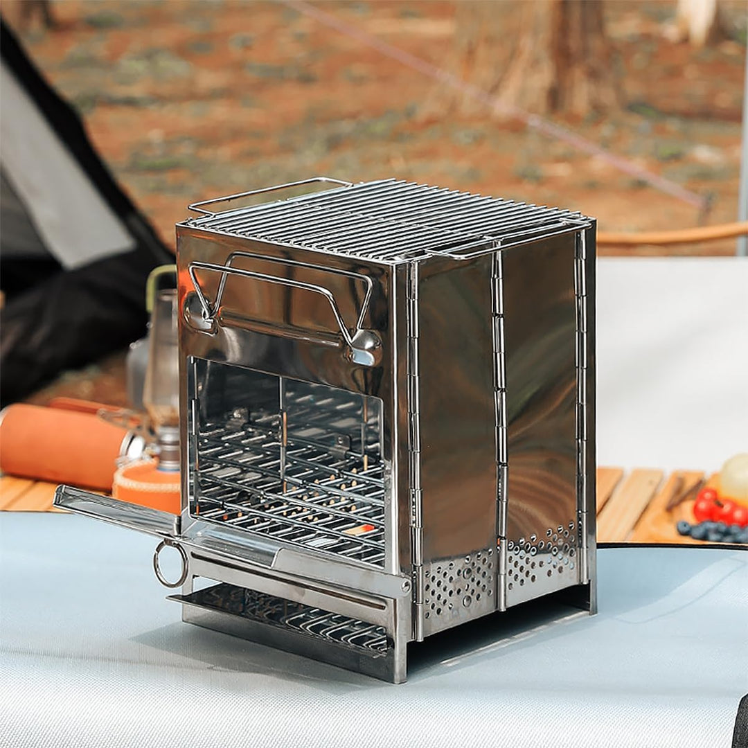 Klappbarer Campingkocher, tragbarer Mini-Grill, holzbefeuerter Campingkocher mit Grill, Edelstahl-He