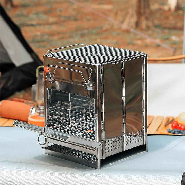 Klappbarer Campingkocher, tragbarer Mini-Grill, holzbefeuerter Campingkocher mit Grill, Edelstahl-He