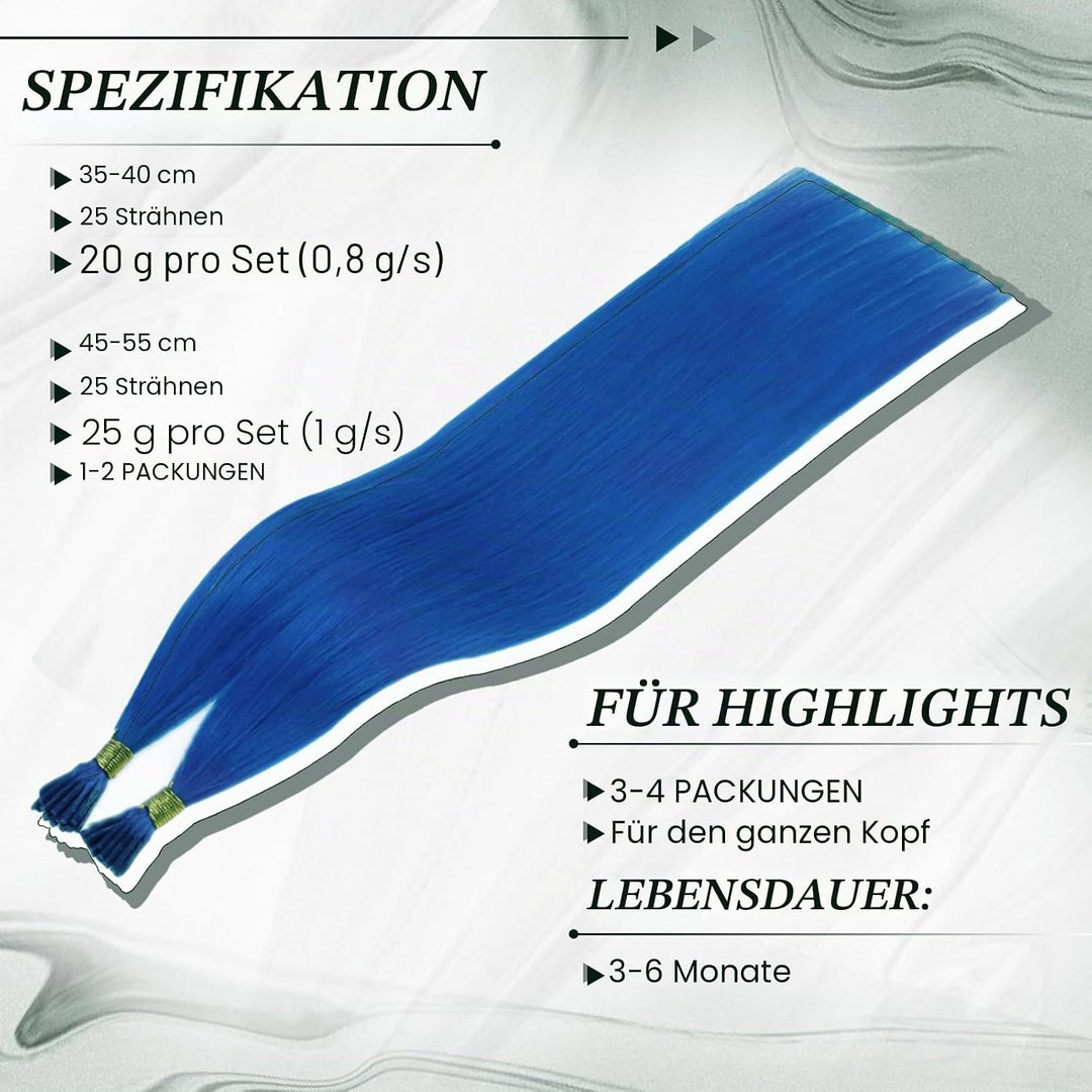 RUNATURE I Tip Extensions Echthaar Blau 45cm Pre Bonded Extension Echthaar Blau 25g 25 Strähne Haarv