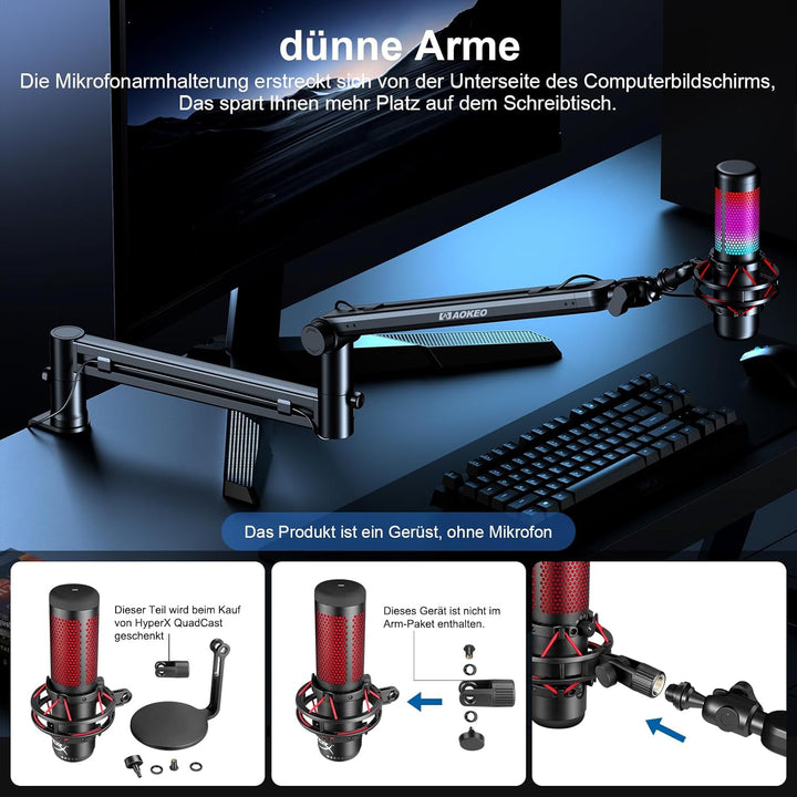 Mikrofon Arm,Aokeo AK-58 Niedriges Profil Mikrofon Ständer Arm für HyperX QuadCast,SoloCast,Elgato W