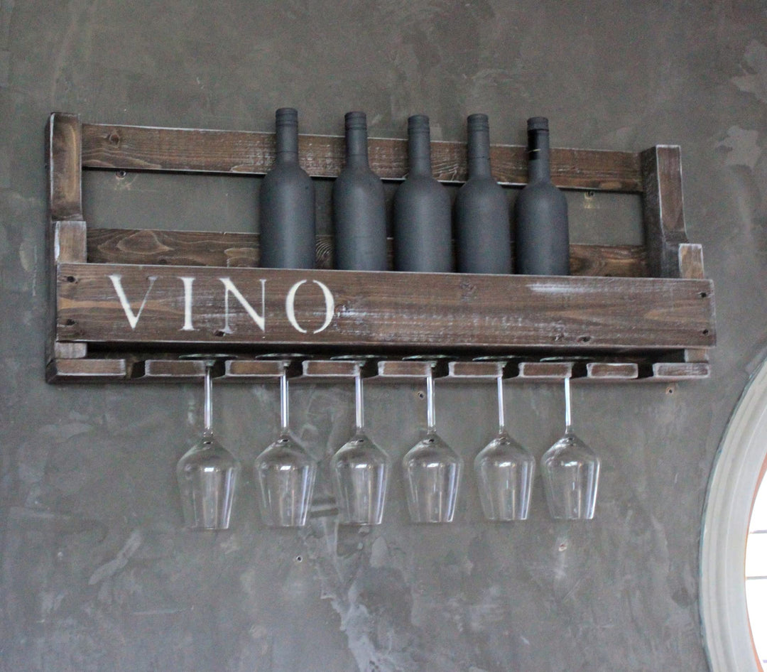 Dekorie Weinregal aus Holz für die Wand - mit Gläserhalter mit VINO Schriftzug - Braun - fertig mont