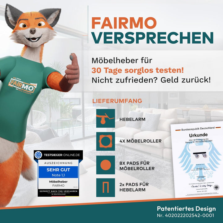 Der Innovative Möbelheber (inkl. Bremsen) für schwere Möbel von FAIRMO - 4 Möbelroller und 1 Lastenh