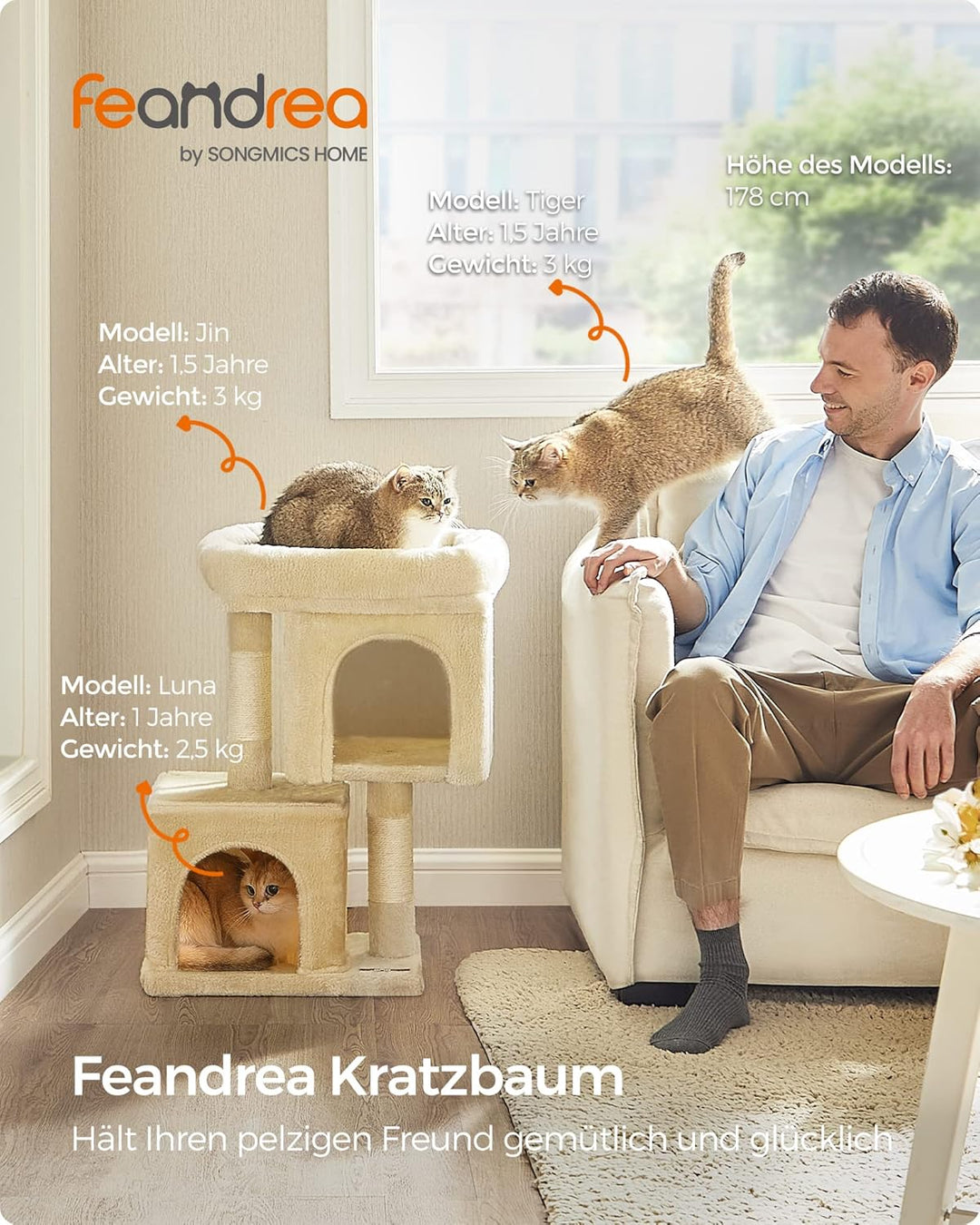 Feandrea Kratzbaum klein, 67 cm Katzenbaum, Katzenhaus für Kätzchen bis zu 3 kg, grosse Plattform, S