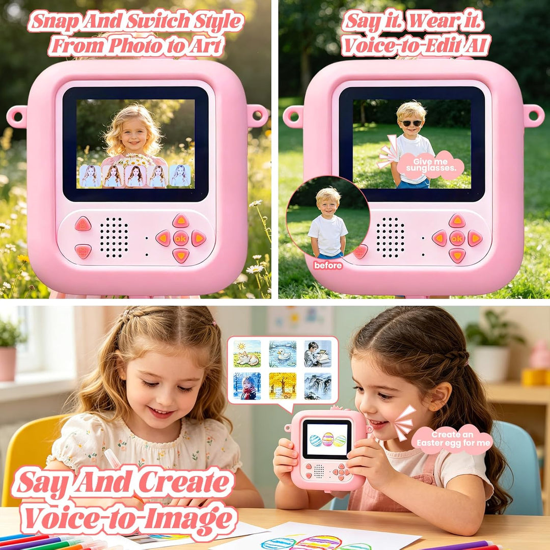 ARNSSIEN AI Kinder Kamera,Kinderkamera Sofortbildkamera,1080p HD, KI-Erkennung, KI-Chat, Bluetooth,