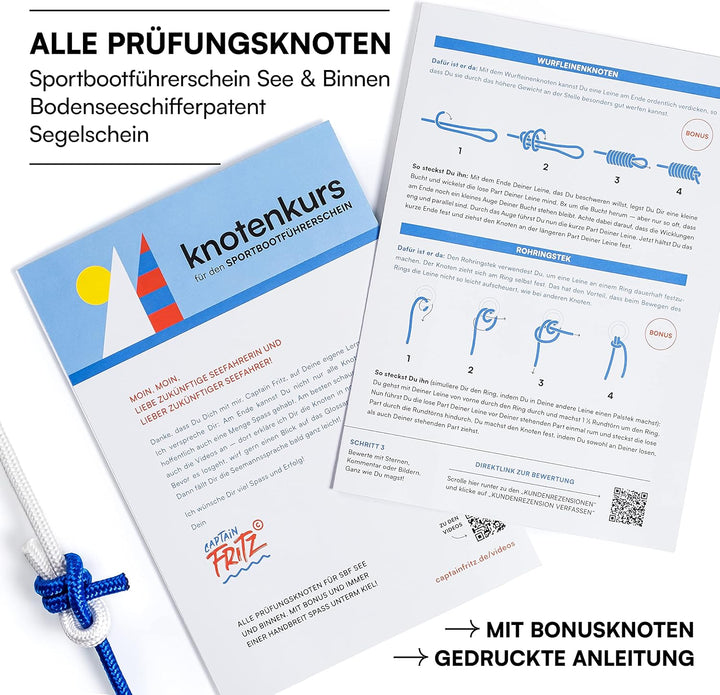 Knoten Übungsset mit Lernvideos für SBF See, SBF Binnen, Segelschein und Bodenseeschifferpatent, ein