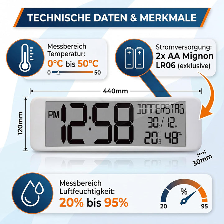Technoline WS8120 - XXL Funkwanduhr digital, Temperatur- und Luftfeuchteanzeige, 44 cm