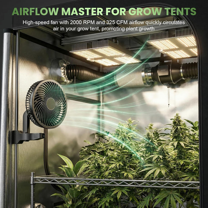 Grow Ventilator Oszillierend mit Clip, 325 CFM Umluftventilator Leise 28dBA,10 Stufen EC-Motor 9W Ve