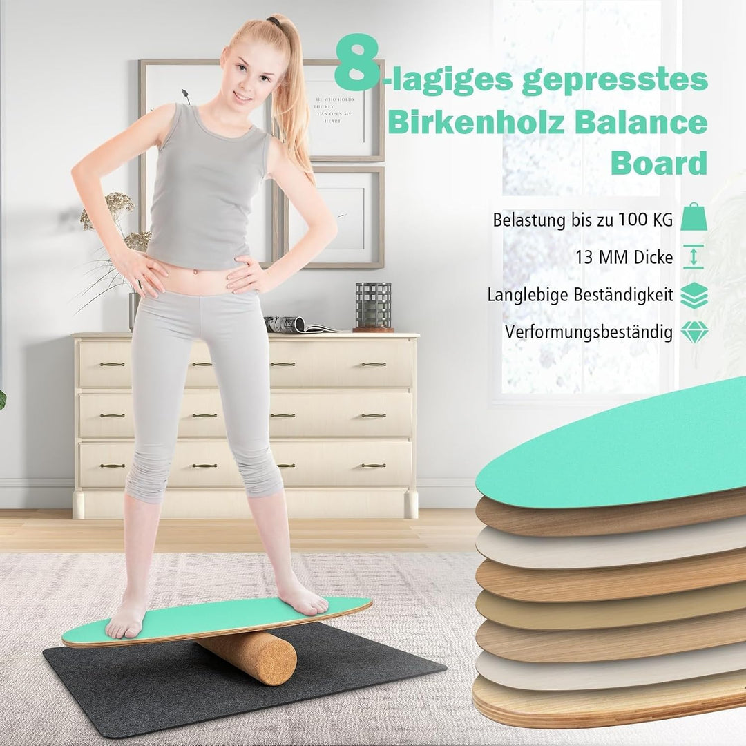 GYMAX Balance Board aus Holz, 15 mm BalanceBoard mit 10mm Korkrolle &amp; rutschfeste Matte aus Filz, In