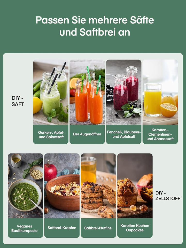JUILIST Entsafter Gemüse und Obst, 65 mm Einfüllschacht, 3 Einstellungen, Mit Reinigungsbürste, Leic
