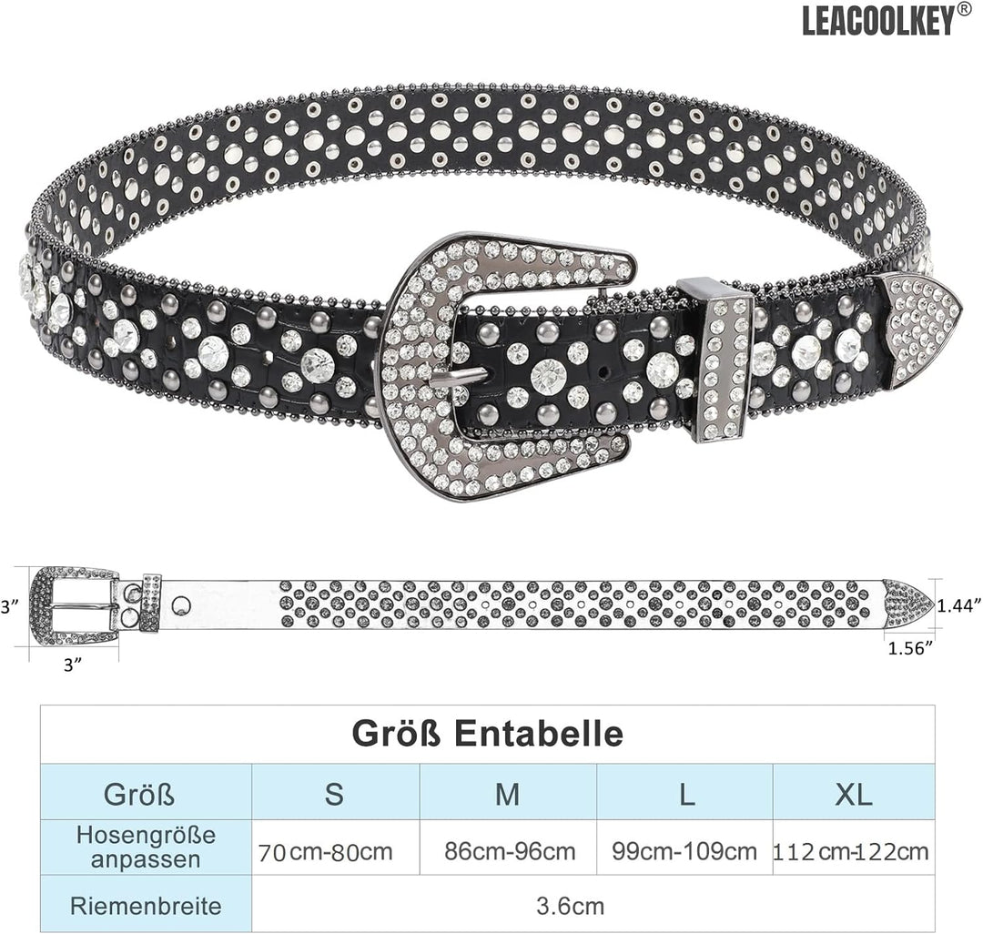 LEACOOLKEY Damen Männer Mode Strass Gürtel, Western Cowgirl Nieten Punk PU Ledergürtel für Jeans XL: