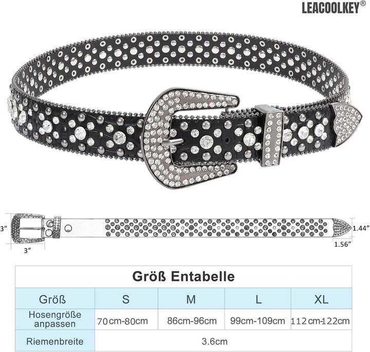 LEACOOLKEY Damen Männer Mode Strass Gürtel, Western Cowgirl Nieten Punk PU Ledergürtel für Jeans XL: