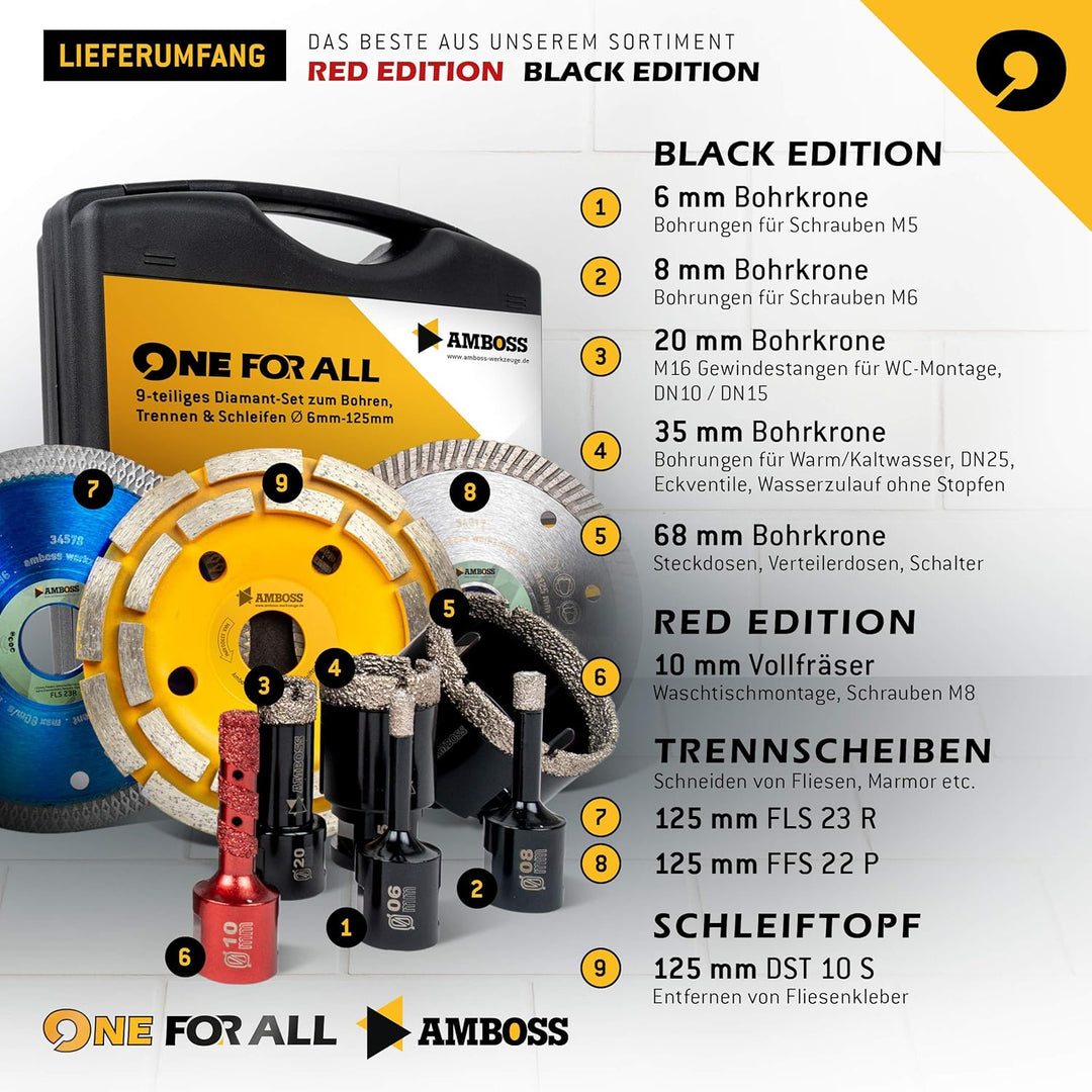 Amboss - Set Diamant-Lochsägen + Trennscheiben + Schleiftopf/One For All Set 9 / Ø 6-125 mm/perfekt