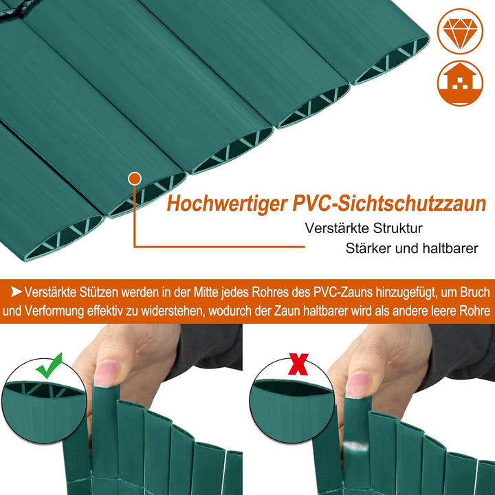 PVC Sichtschutzmatte Sichtschutzzaun 80x300CM, Grün, Outdoor Sichtschutz mit verstärkten Lamellen, Z