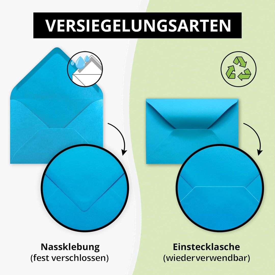150x kleine Umschläge in Azurblau DIN C7 8,1 x 11,4 cm mit Spitzklappe und Nassklebung in 80 g/m² -