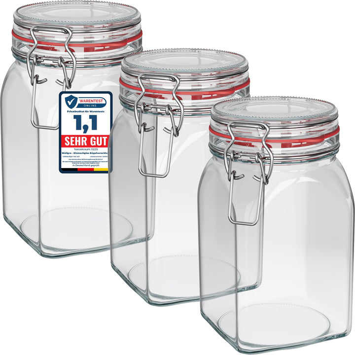 WELLGRO Einmachgläser mit Bügelverschluss eckig, Fermentierglas, Vorratsgläser mit Deckel, Bügelglas