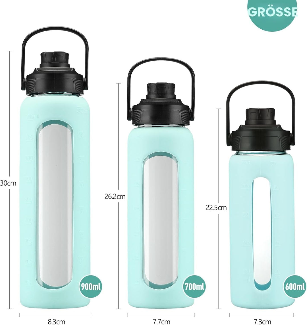 BLUEGO 700ml Glaswasserflasche mit Strohhalm und 2 Deckeln Kaffeetasse aus Glas mit Zeitmarkierung u