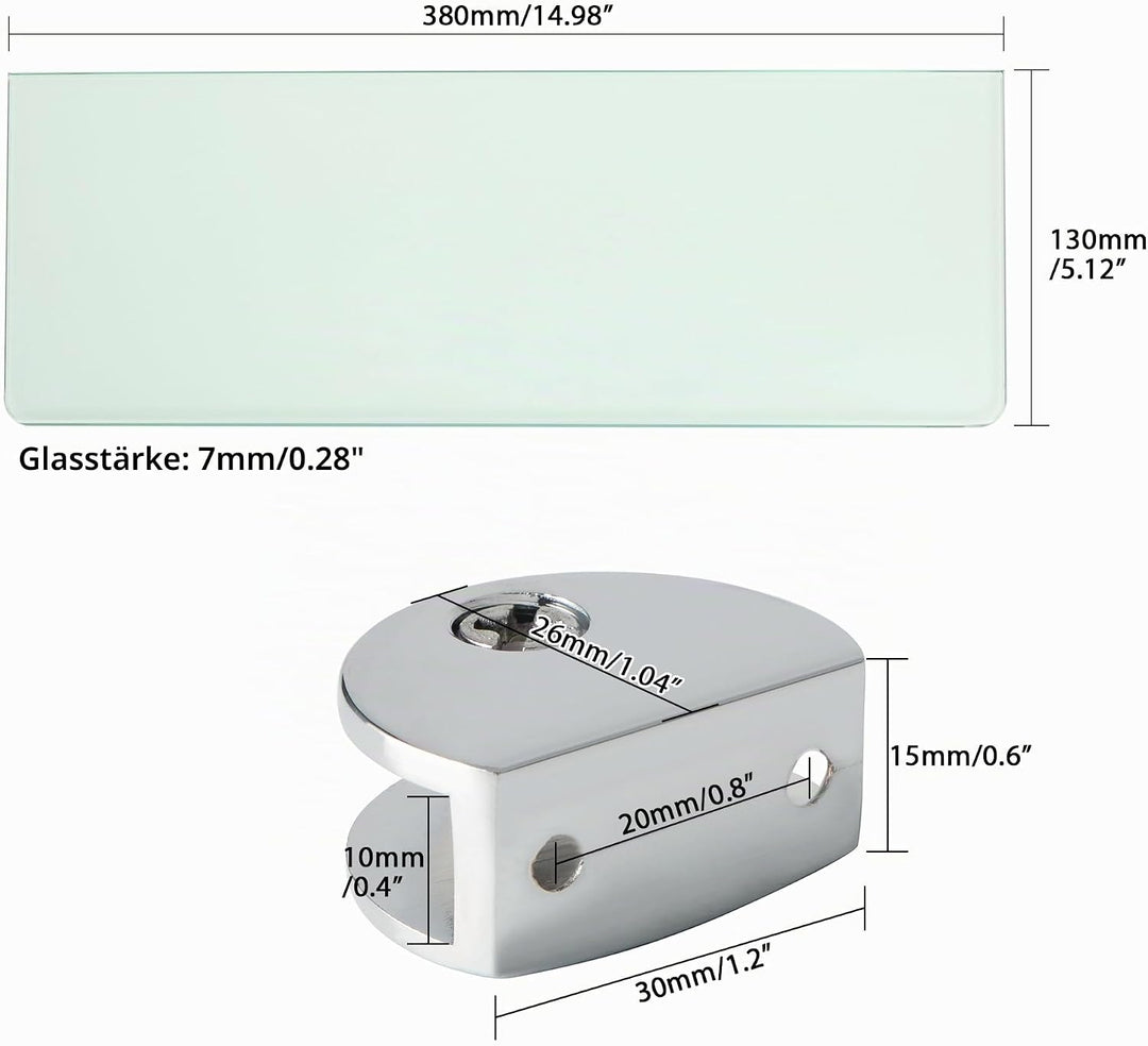 Glasregal 1 Set – 38 x 13 cm Klare Glasplatte (transparent) + 2,6 cm Klemmenhalter aus Zinklegierung