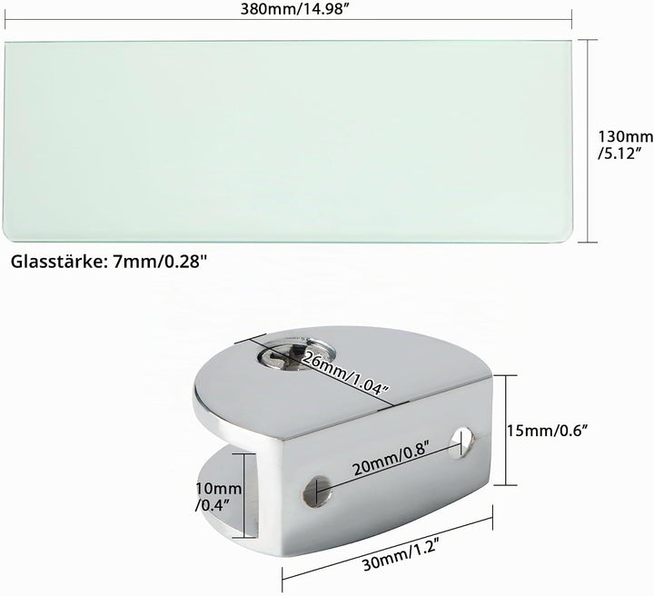 Glasregal 1 Set – 38 x 13 cm Klare Glasplatte (transparent) + 2,6 cm Klemmenhalter aus Zinklegierung