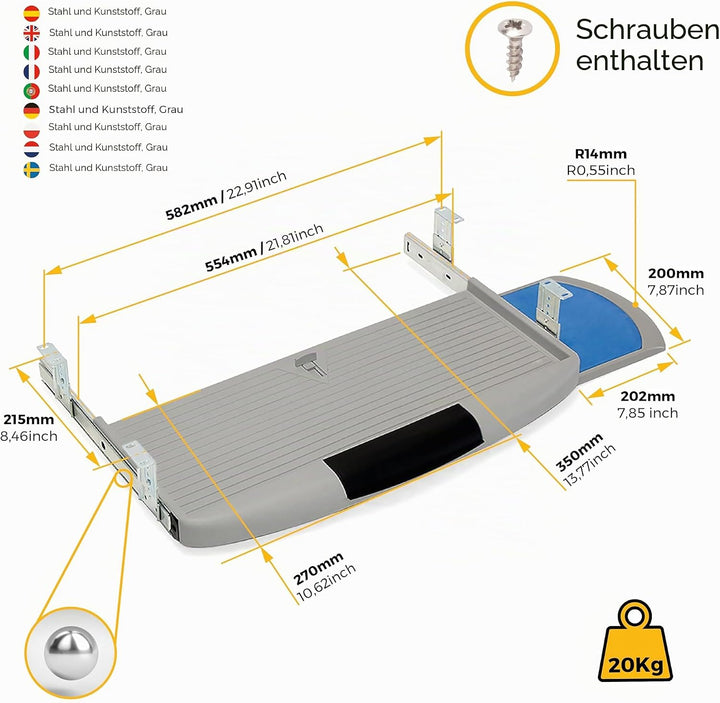 Emuca 4193121 3196621 Ausziehbare Tastaturablage mit zusätzlicher Einlage für die Maus, Grau