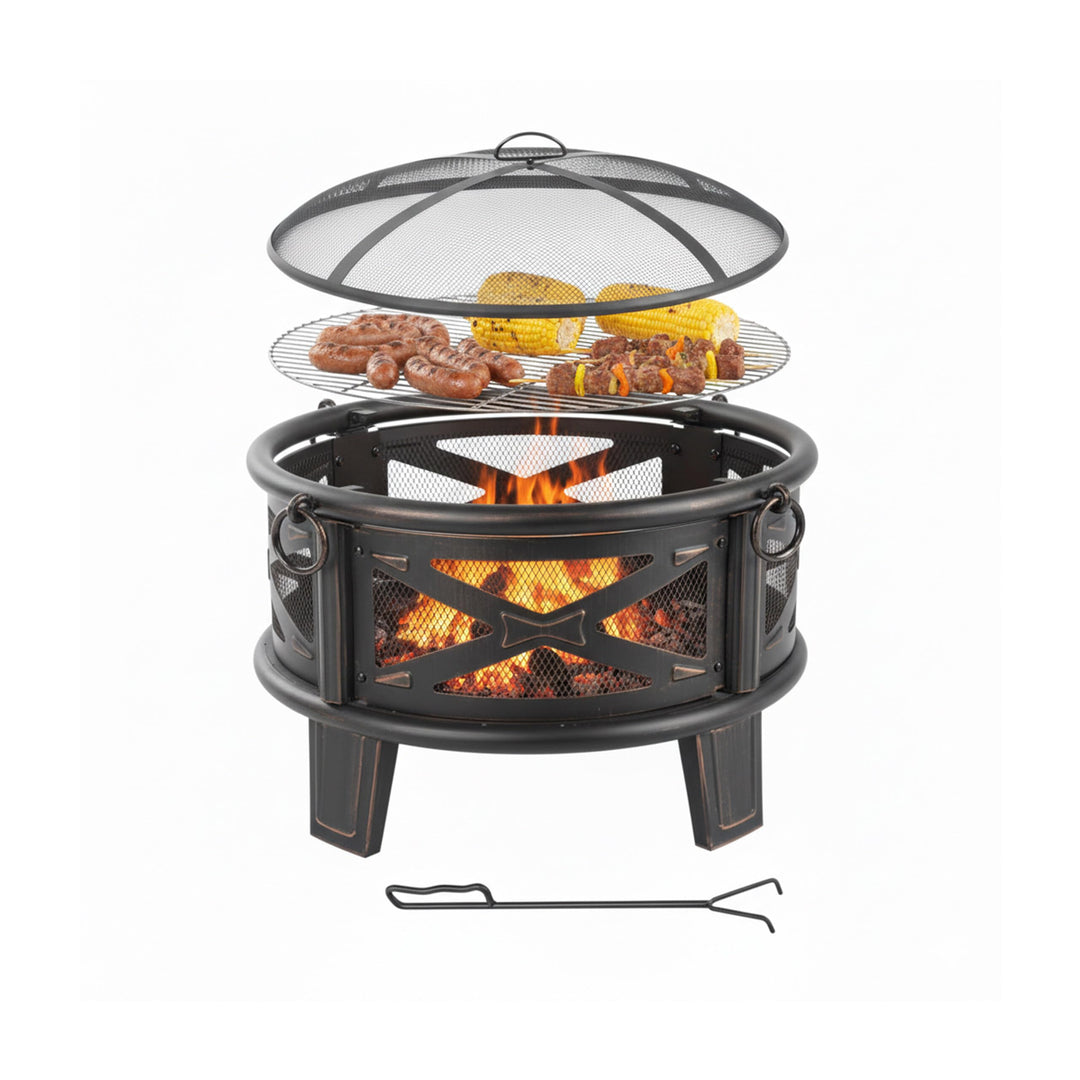 Relaxdays Feuerschale, Ø 66 cm, mit Grillrost, Funkenschutz &amp; Schürhaken, Feuerstelle Garten, Feuerk