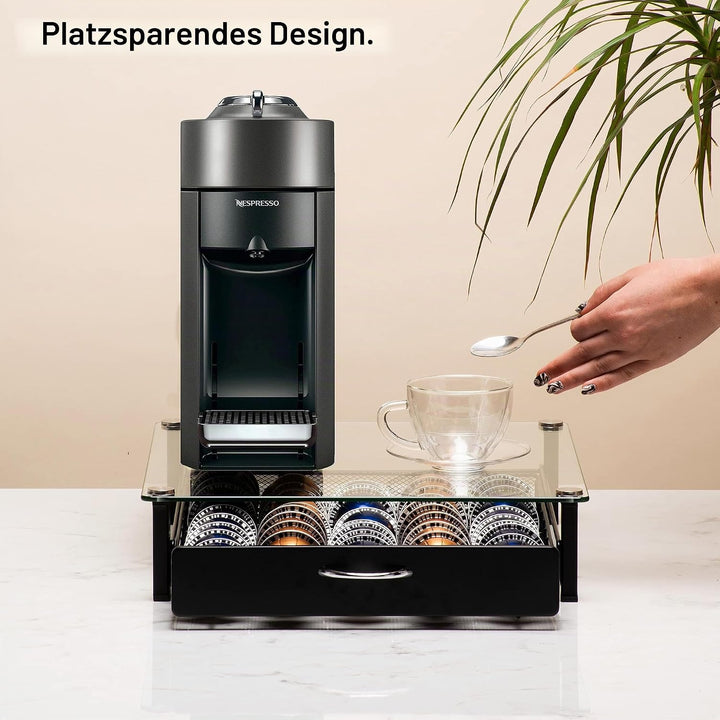 Peak Coffee Nespresso Vertuo Kaffeekapsel Tablett - Organizer &amp; Kaffee Maschinenständer mit Glasdeck