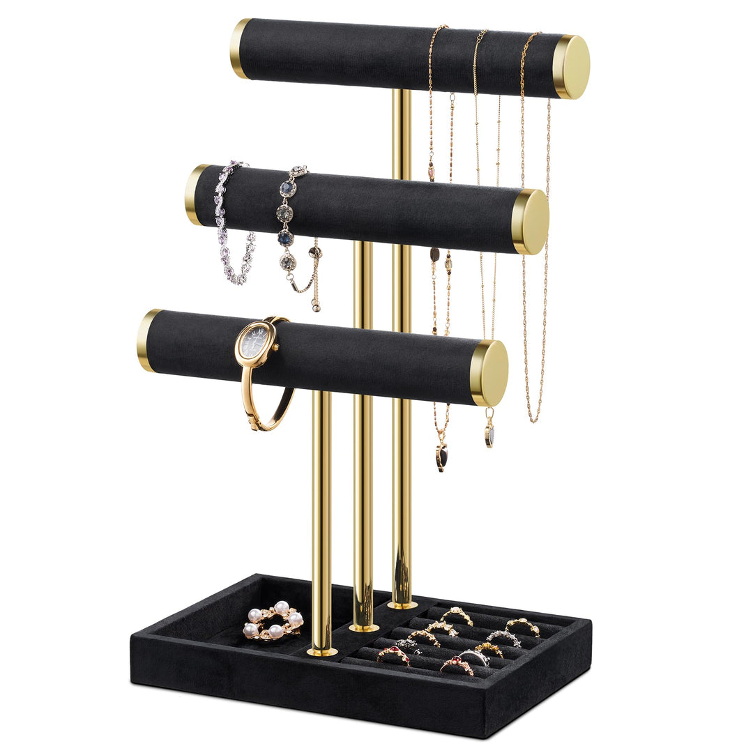 Schmuck Organizer mit 3 Ebenen - Schwarz Schmuckständer Armbänder, Abnehmbarer T-Steg Schmuck Stände