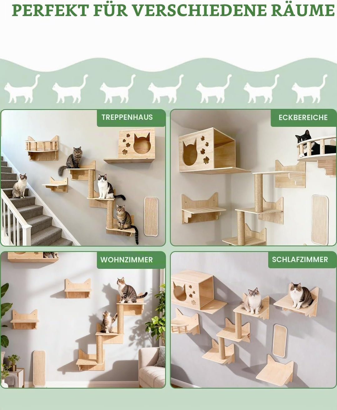 Kletterwand Katzen, 6-teilig Katzen Kletterwand mit Katzenhäusern, bis 15kg | Katzen Wandelemente mi