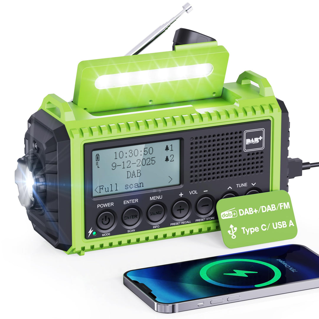 Kurbelradio DAB/UKW mit Akku 5000mAh, Tragbare Solar Radio mit LED Taschenlampe & Leselicht, DAB+ Ba