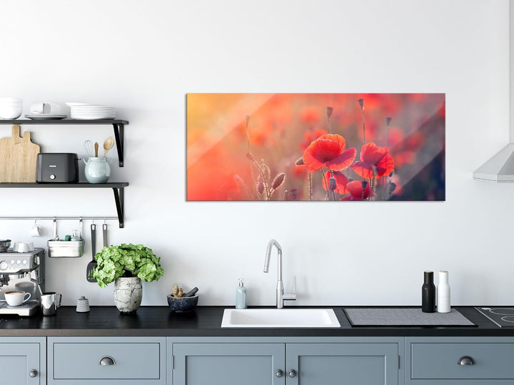 Pixxprint Glasbild Panorama, Wandbild aus Echtglas, Mohnblumenfeld, 100x40 cm, inkl. Aufhängung und