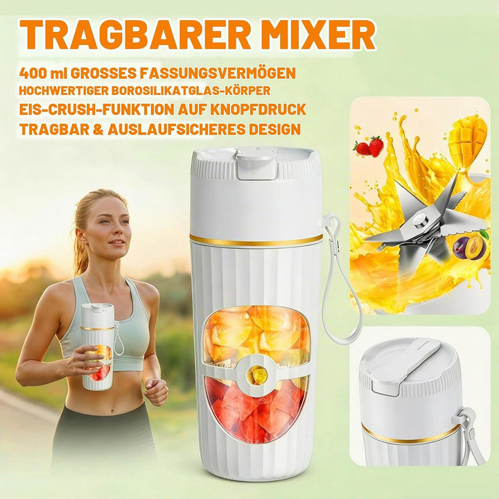 Tragbarer Mixer Smoothie Maker 400ml, Mini Standmixer mit 10 Edelstahlklingen, USB-C Wiederaufladbar
