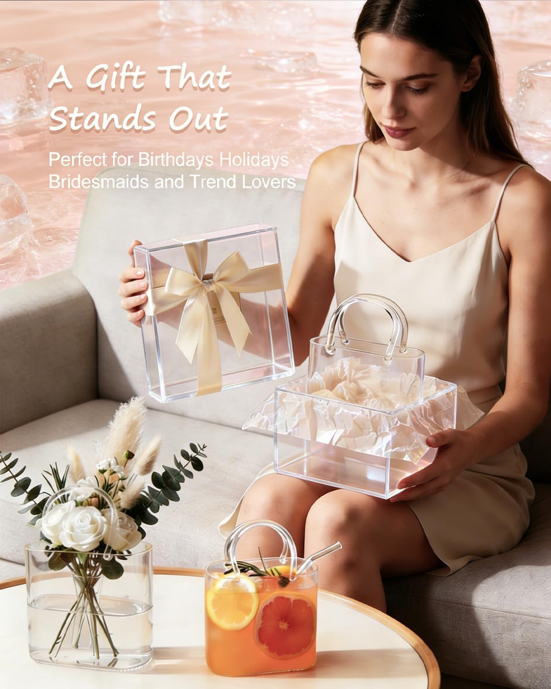 770 ml Trinkglas in Handtaschenform mit Strohhalm, einzigartige Handtaschen-Vase für Getränke, dekor