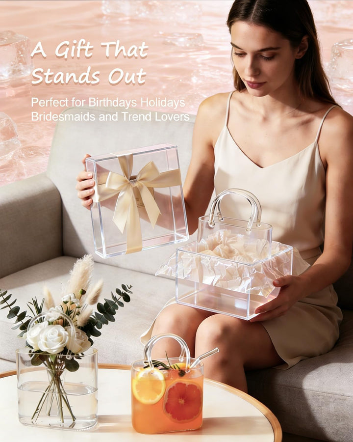 770 ml Trinkglas in Handtaschenform mit Strohhalm, einzigartige Handtaschen-Vase für Getränke, dekor