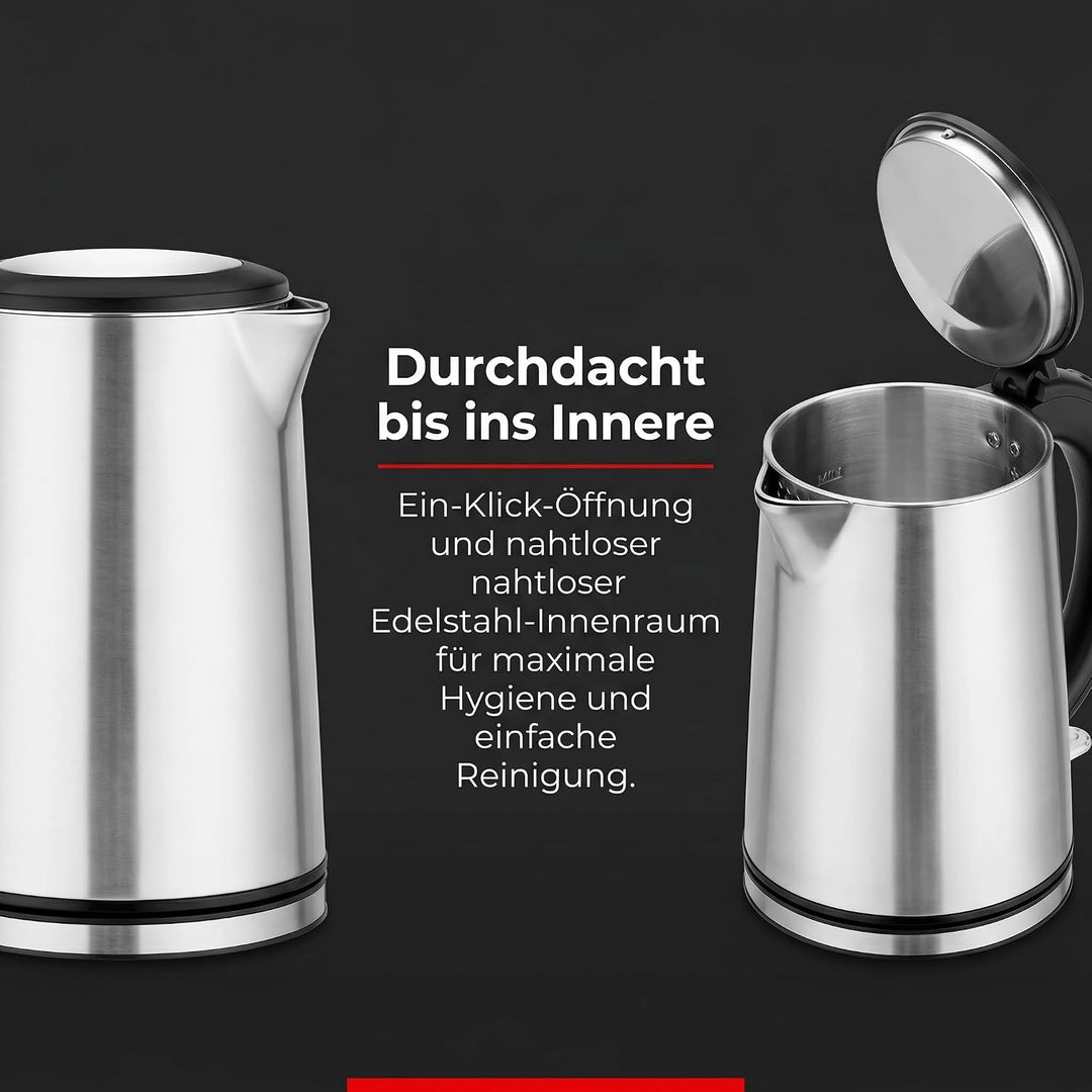 Trisa Wasserkocher Edelstahl 1,5L Silber, Doppelwandig und Cool-Touch,Strix, Silber