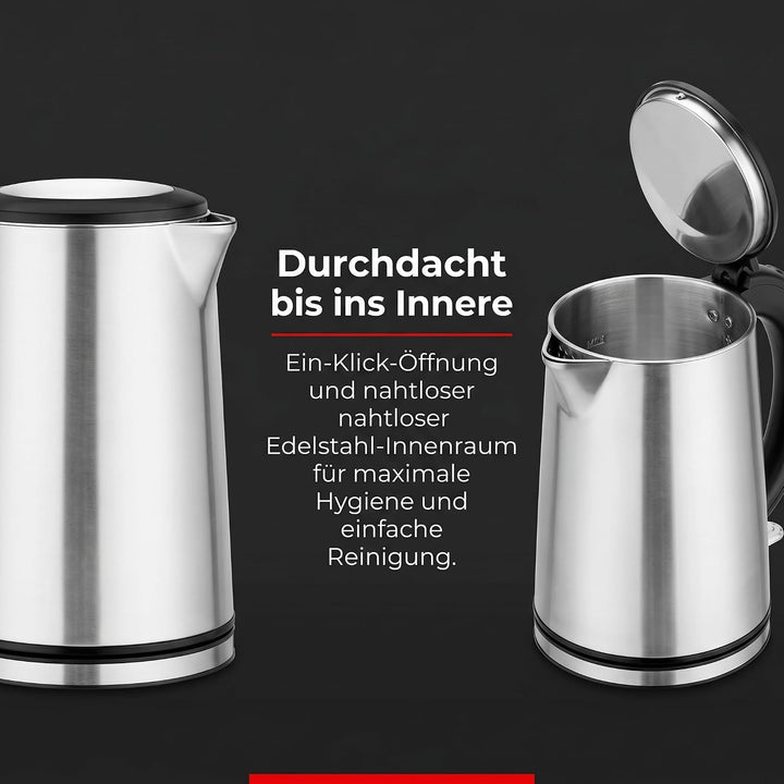 Trisa Wasserkocher Edelstahl 1,5L Silber, Doppelwandig und Cool-Touch,Strix, Silber