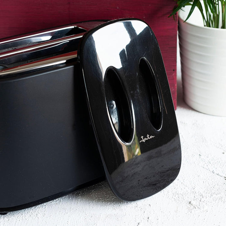 Jata TT631 Schwarzer Toaster mit Schutzkappe und zwei extra breiten Schlitzen, mit elektronischem Ro