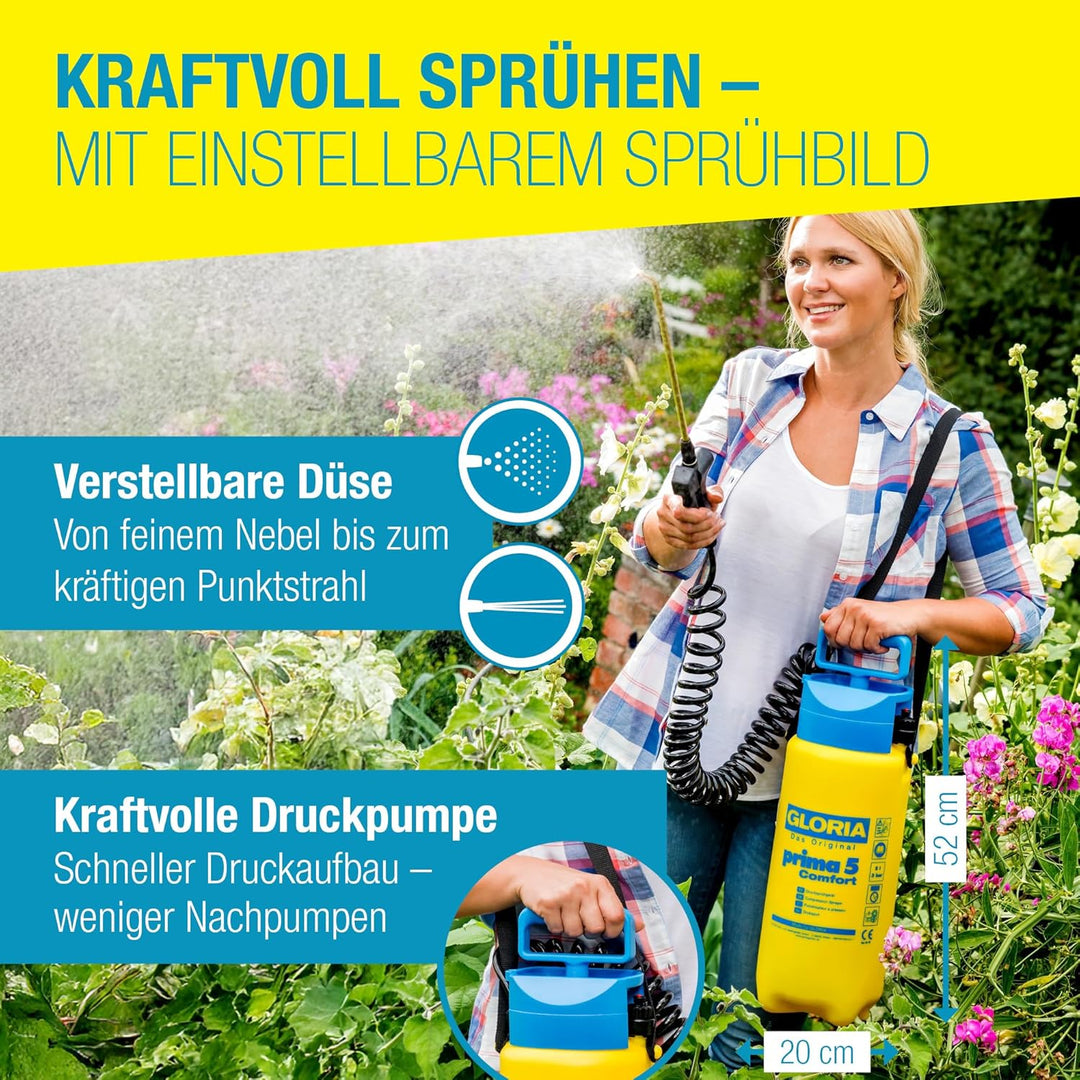 GLORIA Drucksprüher prima 5 Comfort | 5 L Gartenspritze/Drucksprühgerät | Komfortable Ausstattung: 2