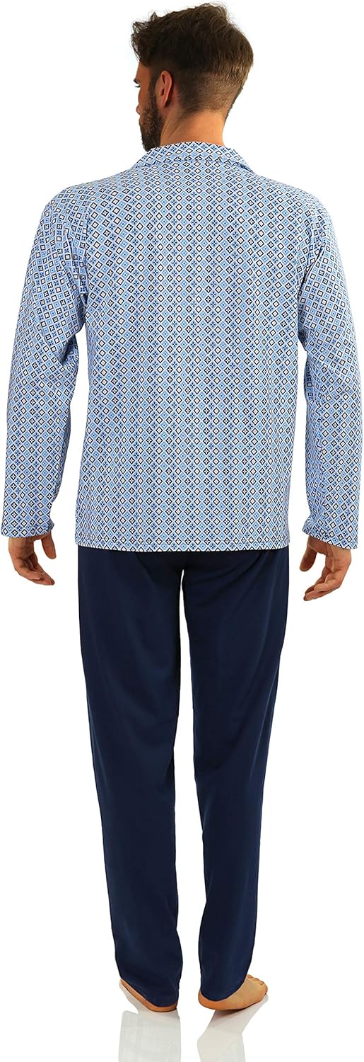 sesto senso Herren Pyjama mit Knopfleiste Lang Baumwolle Schlafanzug Knöpfen M T-shirt - Muster Blau