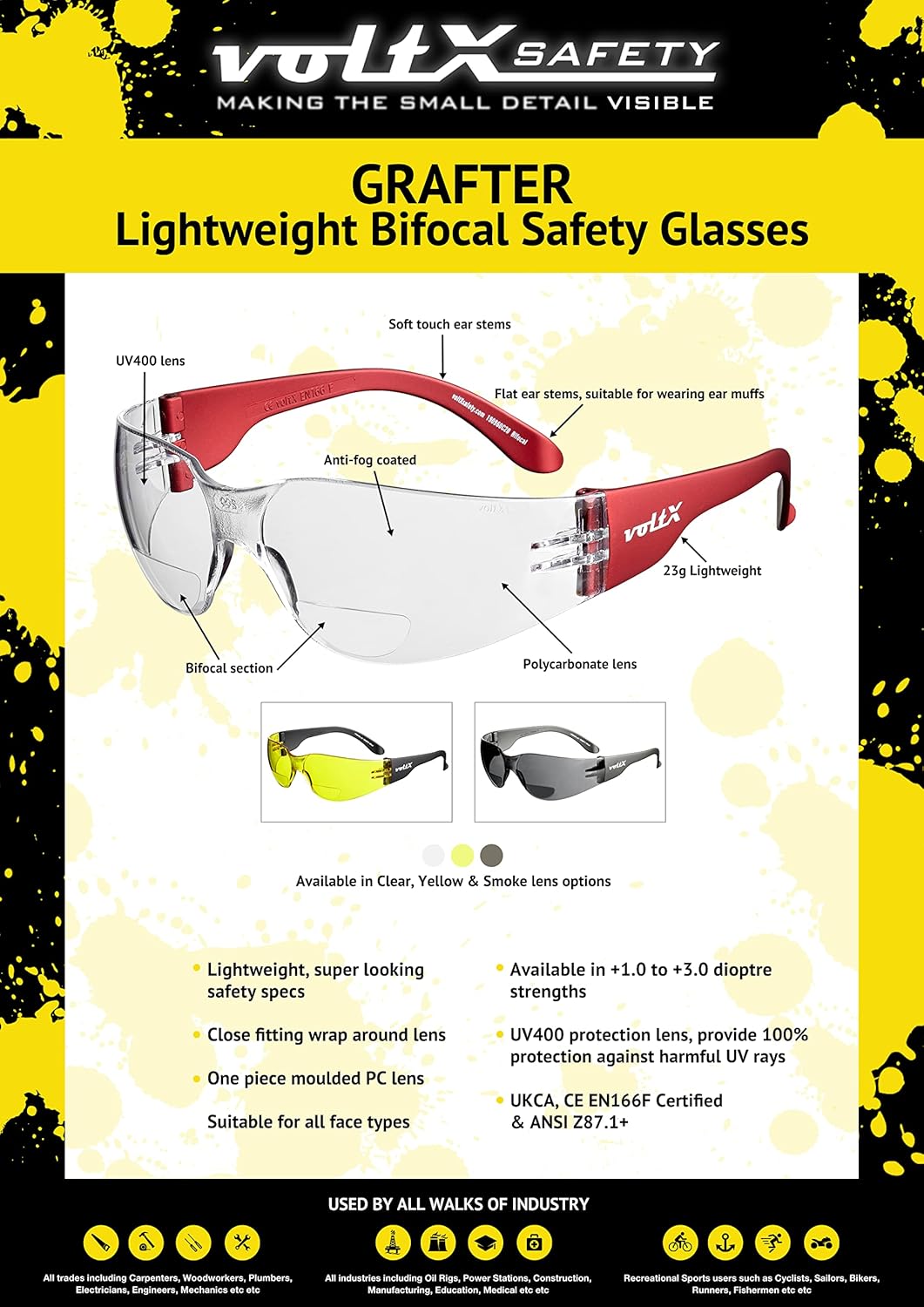 voltX 3 x GRAFTER’ BIFOKALE (KLAR +2.0 Dioptrie) Leichtgewichts Industrie Lesen Schutzbrille, EN166F
