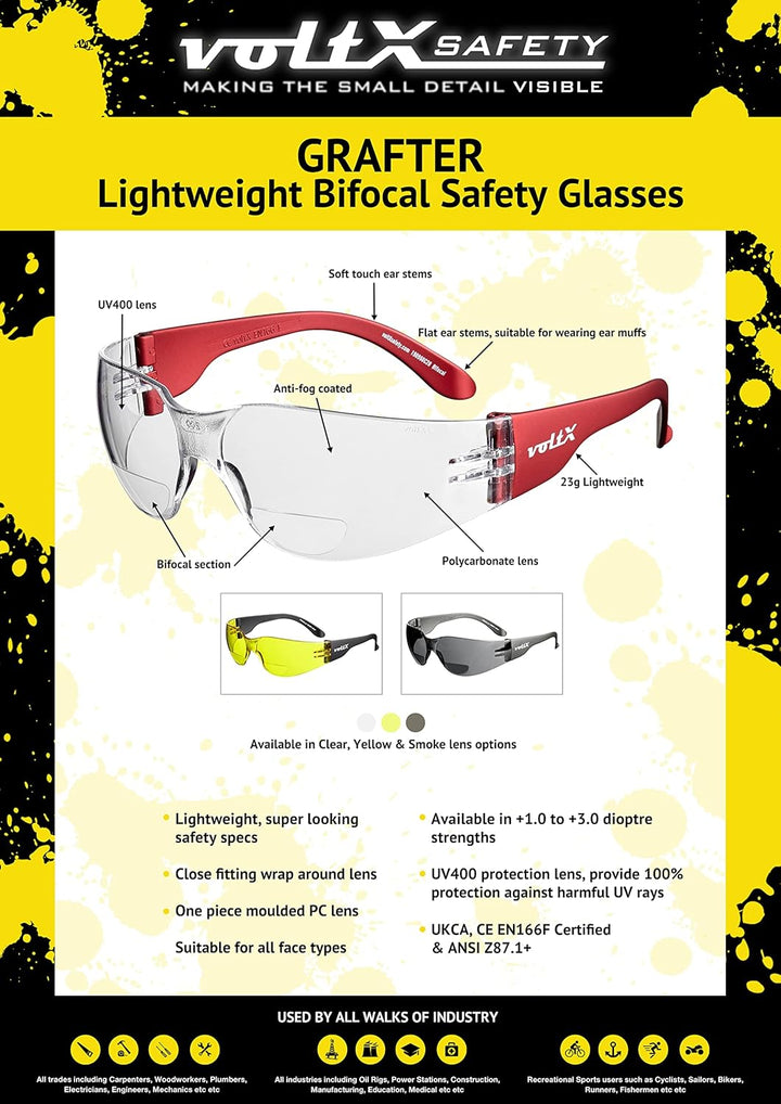 3 x voltX ‘Grafter’ BIFOKALE (KLAR +1.5 Dioptrie) Leichtgewichts Industrie Lesen Schutzbrille, EN166