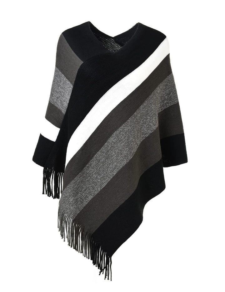 Ferand Damen Gestreifter Poncho Pullover Vielseitiger Schal zum Wickeln mit Fransen für Herbst und W