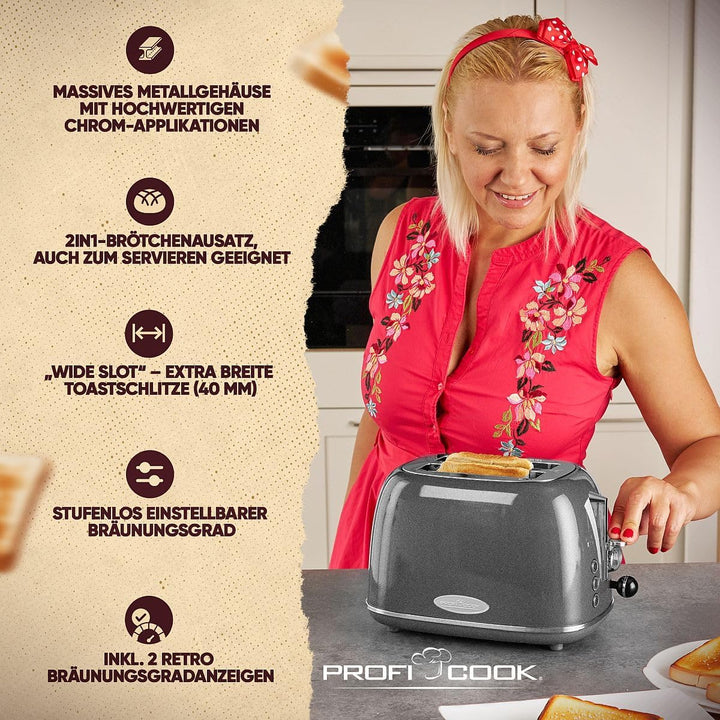 ProfiCook® Toaster im stilvollen Vintage-Design | Toaster 2 Scheiben mit Wide-Slot (extra breite Toa